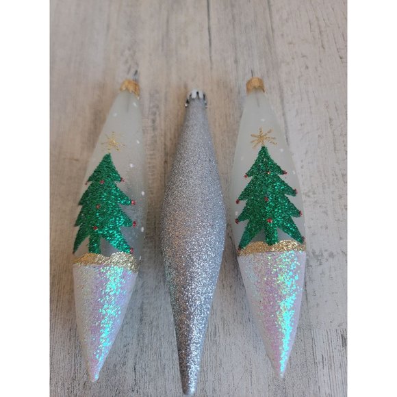 Glitter tree long glass ornament set Xmas snow - Picture 3 of 7